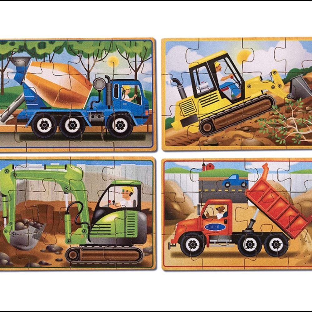 Melissa & Doug 4-in-1 Wooden Puzzles with Storage Box, Vehicles/Construction